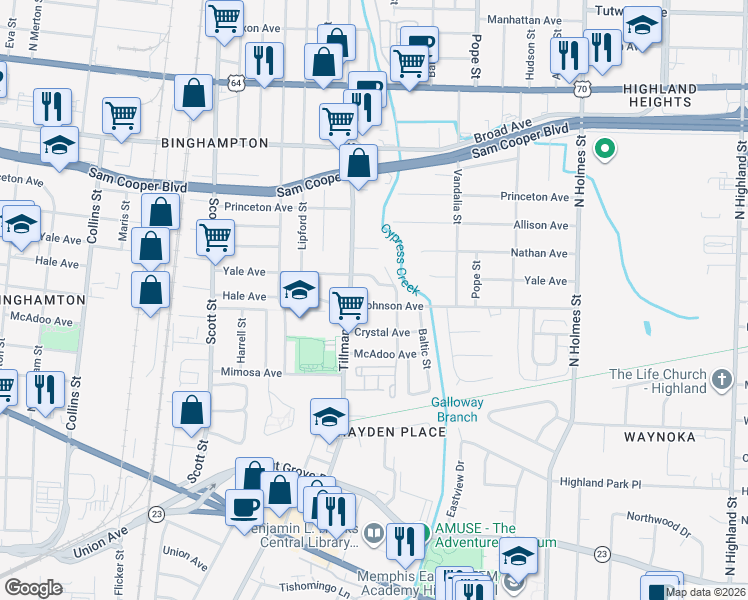 map of restaurants, bars, coffee shops, grocery stores, and more near 3010 Johnson Avenue in Memphis