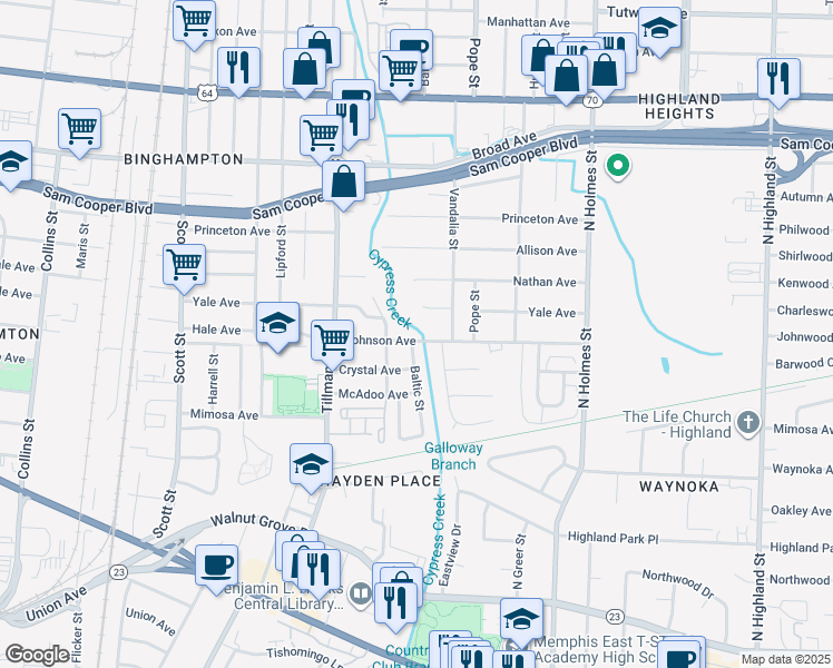 map of restaurants, bars, coffee shops, grocery stores, and more near 3092 Johnson Avenue in Memphis