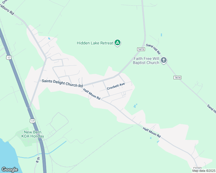map of restaurants, bars, coffee shops, grocery stores, and more near 105 Kilroy Street in New Bern