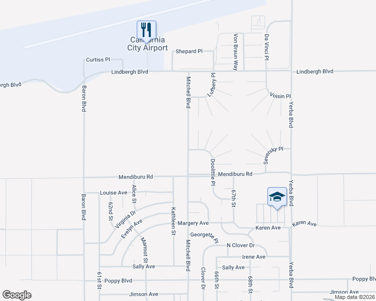 map of restaurants, bars, coffee shops, grocery stores, and more near 22001 Mitchell Boulevard in California City