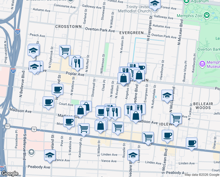 map of restaurants, bars, coffee shops, grocery stores, and more near 136 Clark Place in Memphis