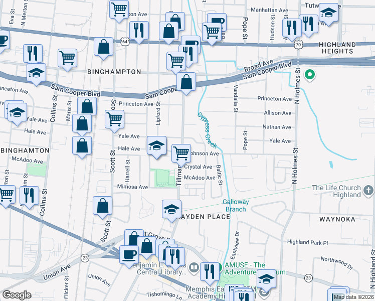 map of restaurants, bars, coffee shops, grocery stores, and more near 3010 Johnson Avenue in Memphis
