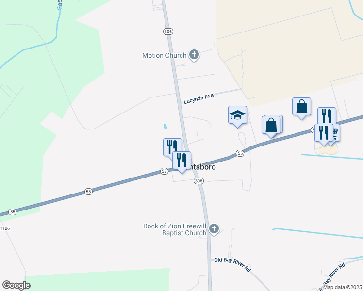 map of restaurants, bars, coffee shops, grocery stores, and more near 121 North Carolina 306 in Grantsboro