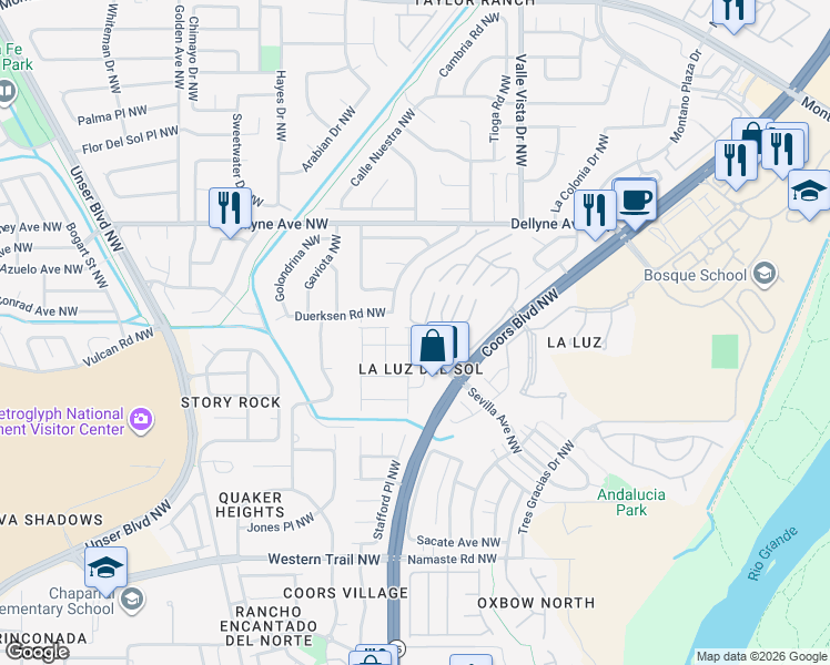 map of restaurants, bars, coffee shops, grocery stores, and more near 5032 Costa Maresme Drive Northwest in Albuquerque