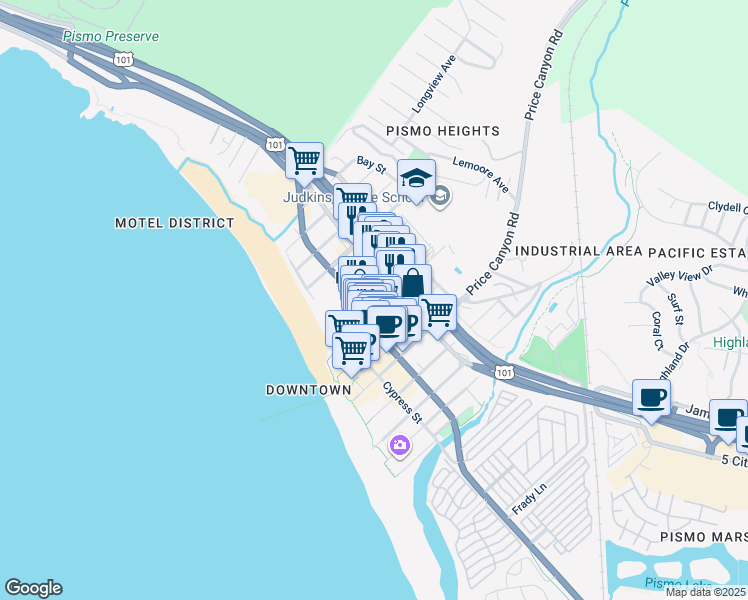 map of restaurants, bars, coffee shops, grocery stores, and more near 350 Pismo Avenue in Pismo Beach