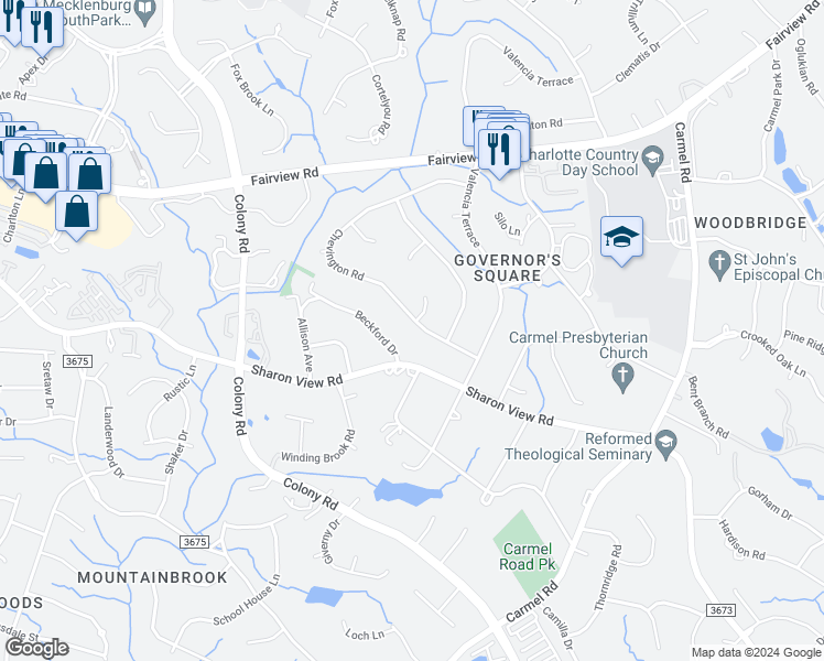 map of restaurants, bars, coffee shops, grocery stores, and more near 4100 Chevington Road in Charlotte