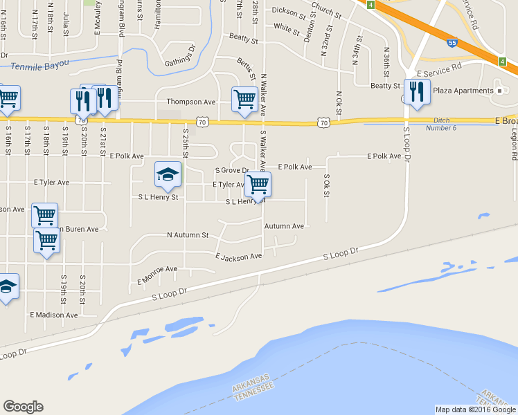 map of restaurants, bars, coffee shops, grocery stores, and more near 315 South Walker Avenue in West Memphis