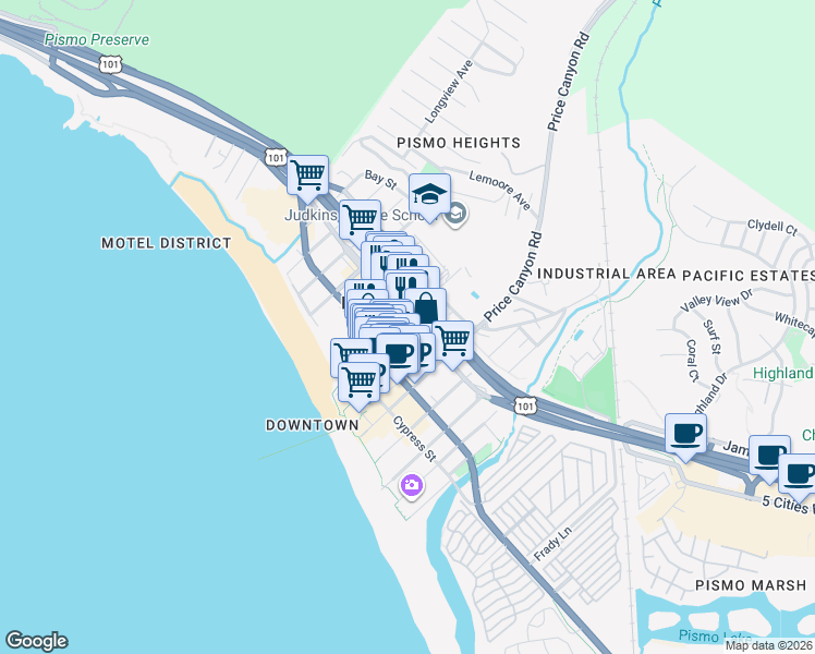 map of restaurants, bars, coffee shops, grocery stores, and more near 791 Price Street in Pismo Beach