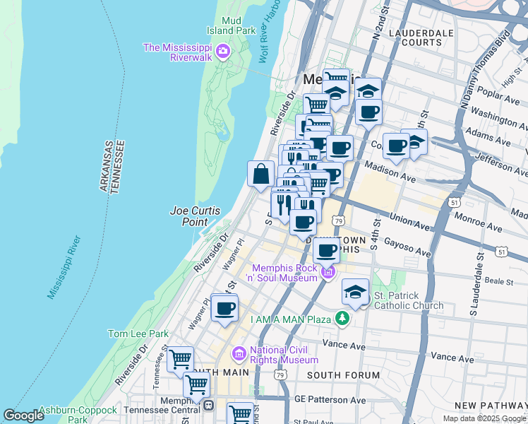 map of restaurants, bars, coffee shops, grocery stores, and more near 125 South Front Street in Memphis