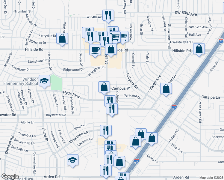 map of restaurants, bars, coffee shops, grocery stores, and more near 5903 Campus Drive in Amarillo