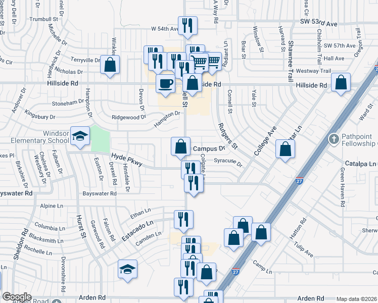 map of restaurants, bars, coffee shops, grocery stores, and more near 5903 Campus Drive in Amarillo