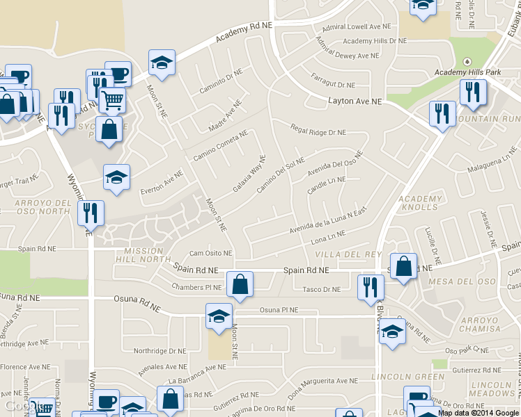map of restaurants, bars, coffee shops, grocery stores, and more near 9117 Luna Del Oro Road Northeast in Albuquerque