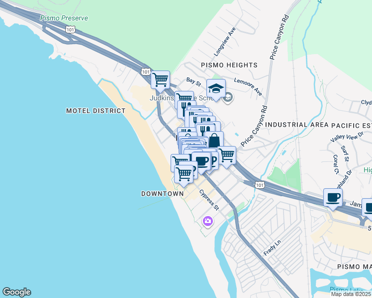 map of restaurants, bars, coffee shops, grocery stores, and more near 350 Pismo Avenue in Pismo Beach