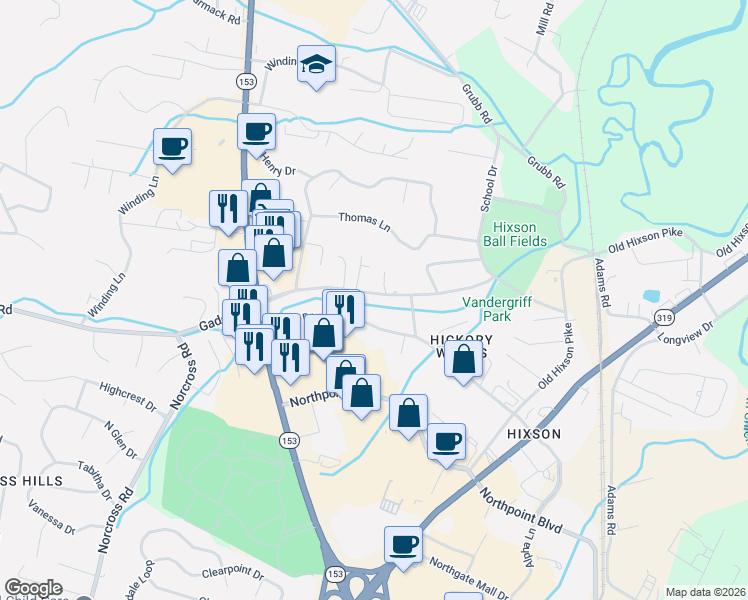 map of restaurants, bars, coffee shops, grocery stores, and more near 1238 Gadd Road in Chattanooga