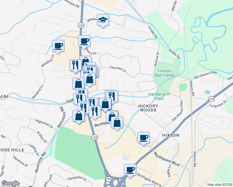 map of restaurants, bars, coffee shops, grocery stores, and more near 1222 Gadd Road in Chattanooga