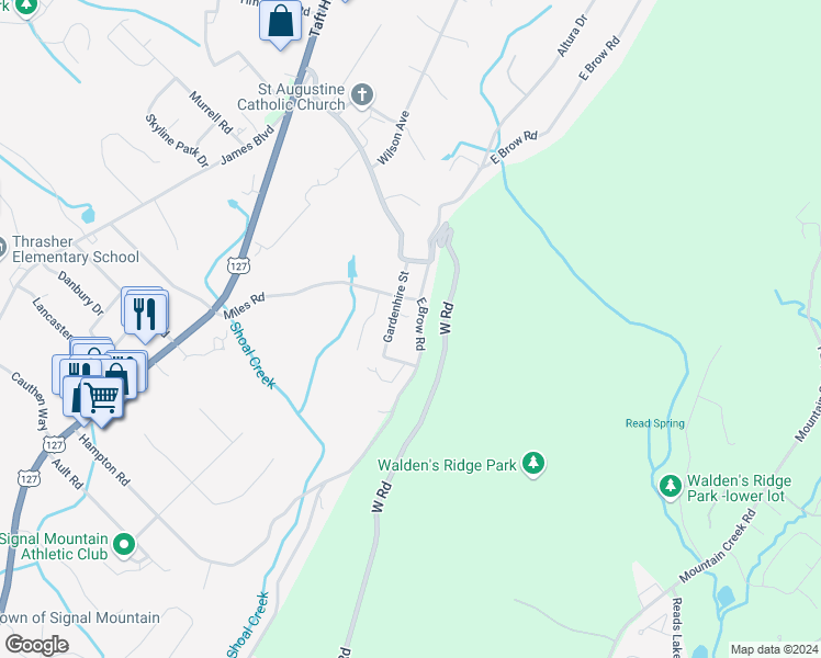 map of restaurants, bars, coffee shops, grocery stores, and more near 1511 East Brow Road in Signal Mountain