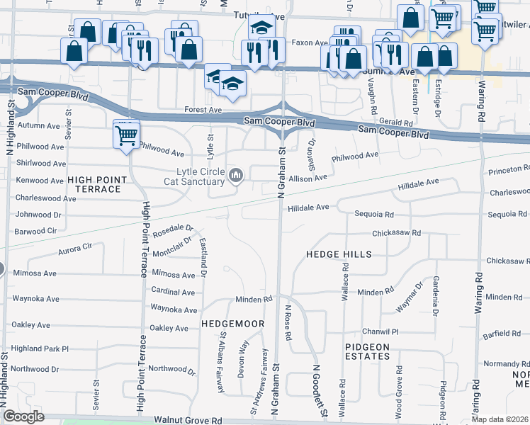 map of restaurants, bars, coffee shops, grocery stores, and more near 375 North Graham Street in Memphis