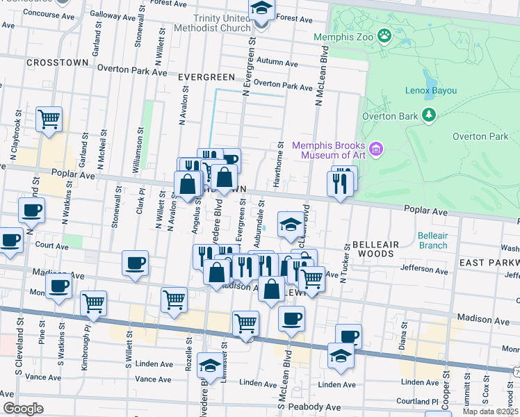 map of restaurants, bars, coffee shops, grocery stores, and more near in Memphis