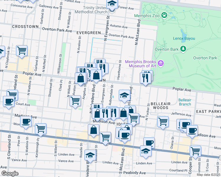 map of restaurants, bars, coffee shops, grocery stores, and more near in Memphis