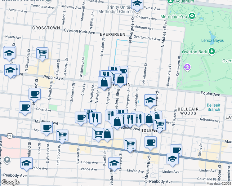 map of restaurants, bars, coffee shops, grocery stores, and more near 154 North Belvedere Boulevard in Memphis
