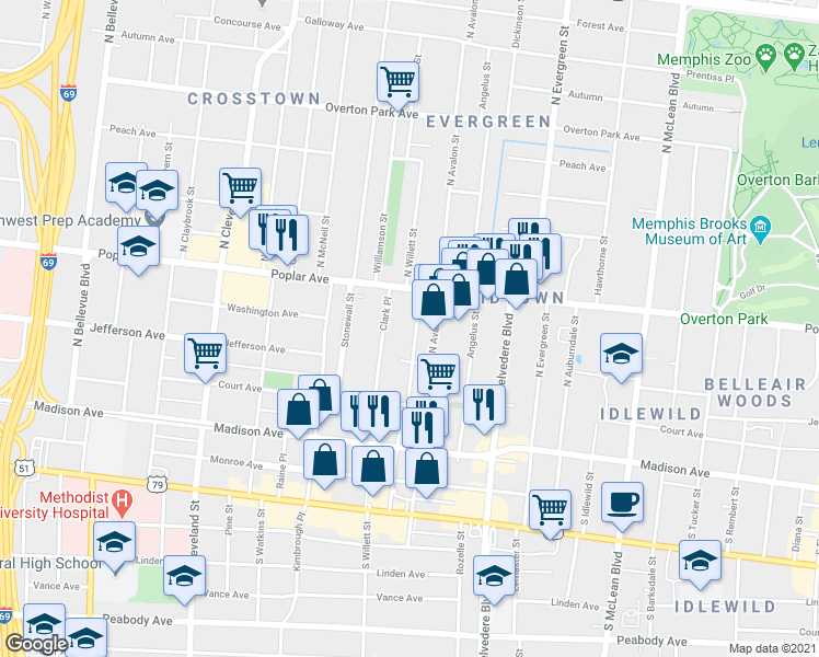 map of restaurants, bars, coffee shops, grocery stores, and more near 136 Clark Place in Memphis