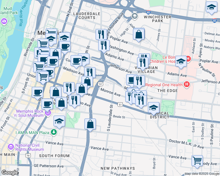 map of restaurants, bars, coffee shops, grocery stores, and more near 400 Monroe Avenue in Memphis