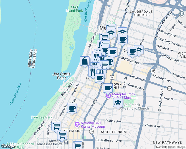 map of restaurants, bars, coffee shops, grocery stores, and more near in Memphis