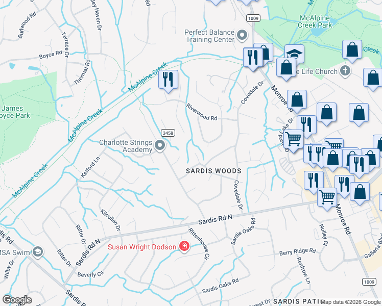 map of restaurants, bars, coffee shops, grocery stores, and more near 9304 Harps Mill Court in Charlotte