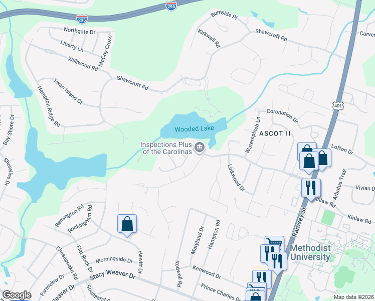 map of restaurants, bars, coffee shops, grocery stores, and more near 3212 Nottinghill Road in Fayetteville
