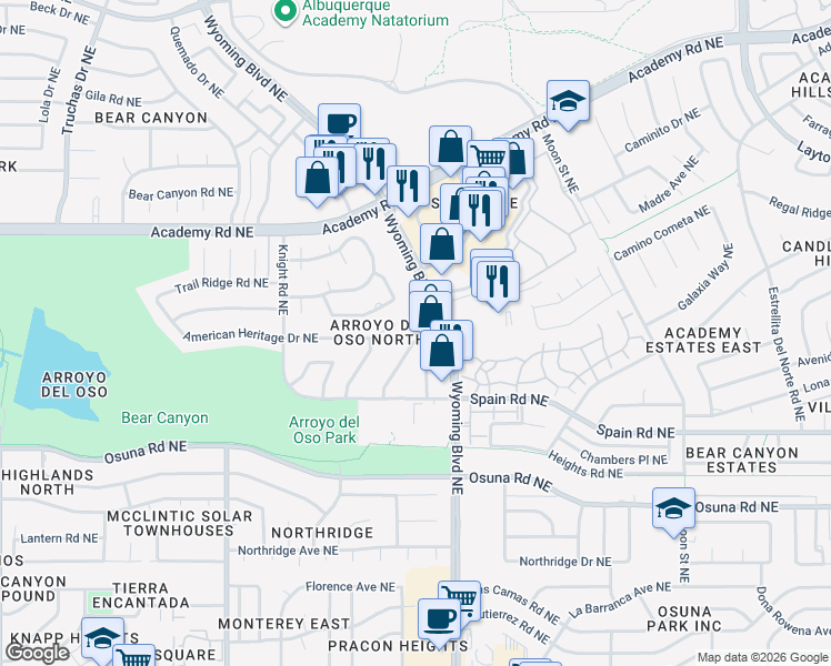 map of restaurants, bars, coffee shops, grocery stores, and more near 5349 Heritage Court Northeast in Albuquerque