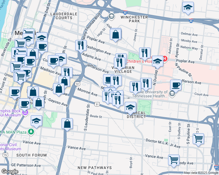 map of restaurants, bars, coffee shops, grocery stores, and more near 610 Madison Avenue in Memphis