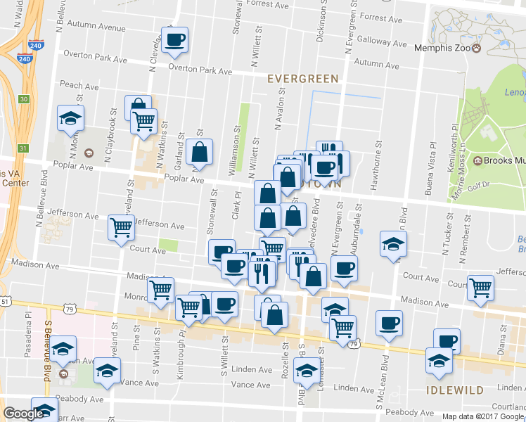 map of restaurants, bars, coffee shops, grocery stores, and more near 146 N Willett St in Memphis
