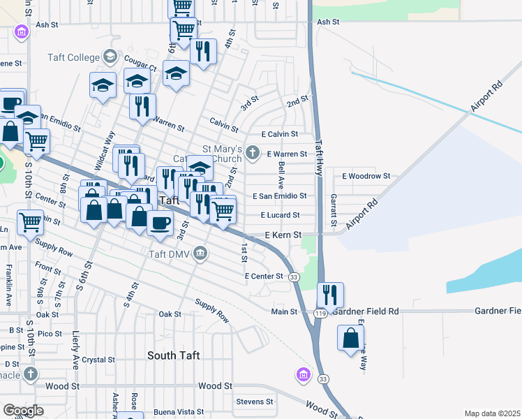 map of restaurants, bars, coffee shops, grocery stores, and more near 110 East Lucard Street in Taft