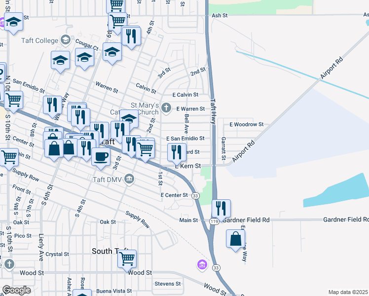 map of restaurants, bars, coffee shops, grocery stores, and more near 307 Bell Avenue in Taft