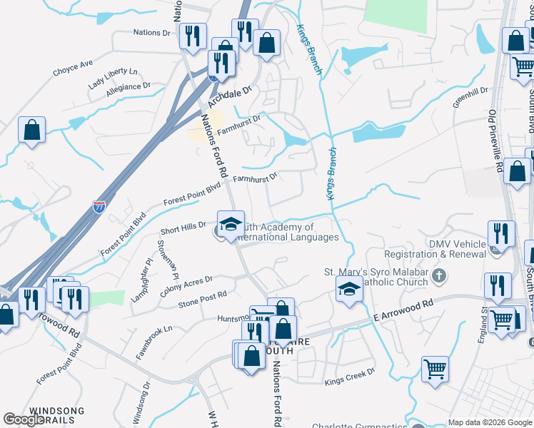 map of restaurants, bars, coffee shops, grocery stores, and more near 300 Fairgreen Drive in Charlotte