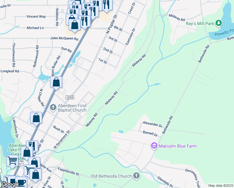 map of restaurants, bars, coffee shops, grocery stores, and more near 328 Midway Road in Aberdeen
