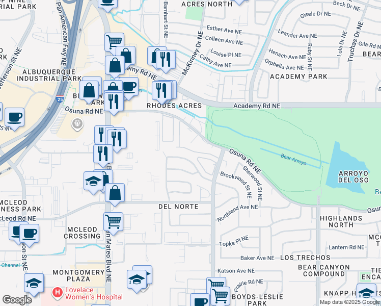 map of restaurants, bars, coffee shops, grocery stores, and more near 6028 Del Campo Place in Albuquerque