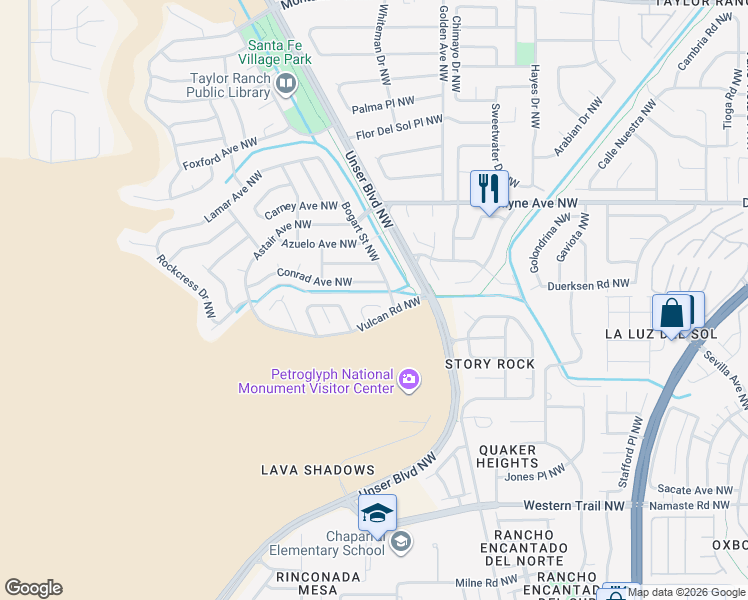 map of restaurants, bars, coffee shops, grocery stores, and more near 6417 Ja Court Northwest in Albuquerque