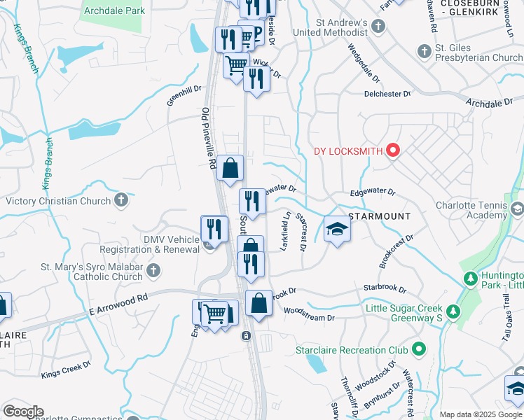 map of restaurants, bars, coffee shops, grocery stores, and more near 6618 Woodstream Drive in Charlotte