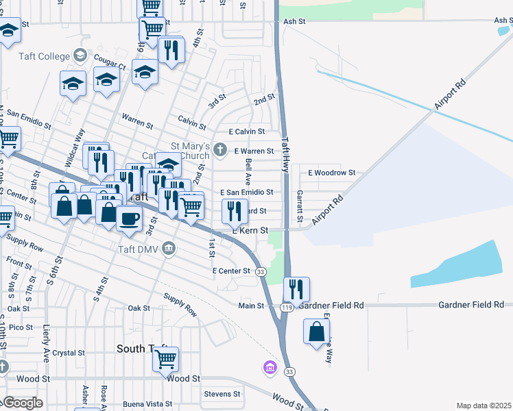 map of restaurants, bars, coffee shops, grocery stores, and more near 500 Bell Avenue in Taft