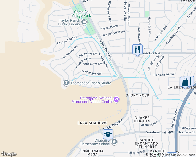 map of restaurants, bars, coffee shops, grocery stores, and more near 6509 Cliffrose Road Northwest in Albuquerque