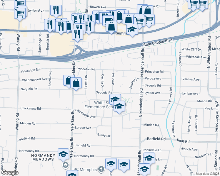 map of restaurants, bars, coffee shops, grocery stores, and more near 401 Avon Road in Memphis