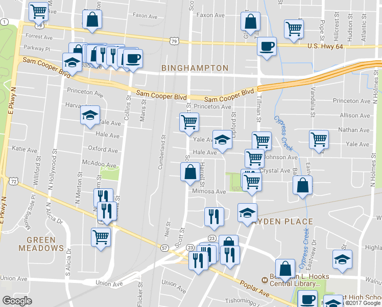 map of restaurants, bars, coffee shops, grocery stores, and more near 354 Scott Street in Memphis