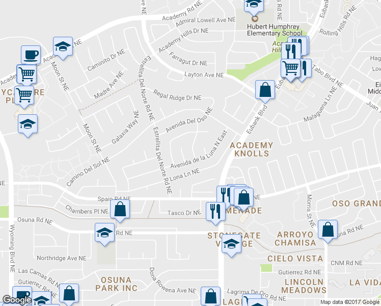 map of restaurants, bars, coffee shops, grocery stores, and more near 5409 Candle Glow Drive Northeast in Albuquerque