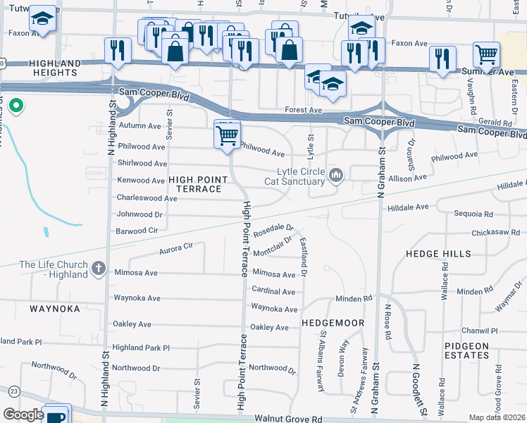 map of restaurants, bars, coffee shops, grocery stores, and more near 3775 South Swan Ridge Circle in Memphis