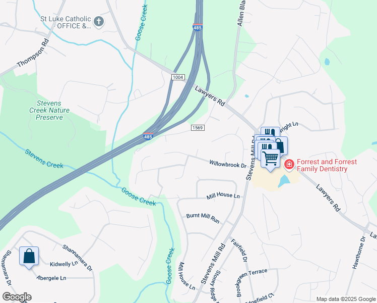 map of restaurants, bars, coffee shops, grocery stores, and more near 2600 Willowbrook Drive in Matthews