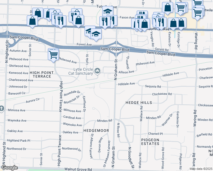 map of restaurants, bars, coffee shops, grocery stores, and more near 375 North Graham Street in Memphis