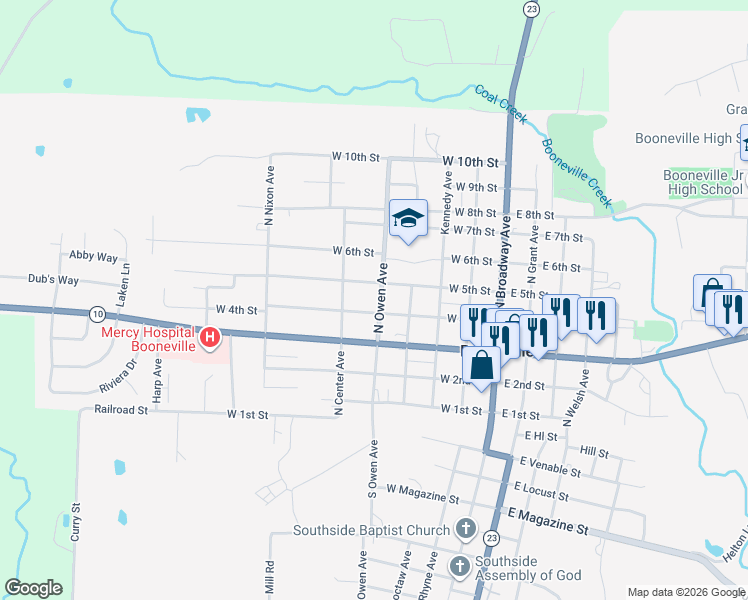 map of restaurants, bars, coffee shops, grocery stores, and more near 445 N Owen Ave in Booneville