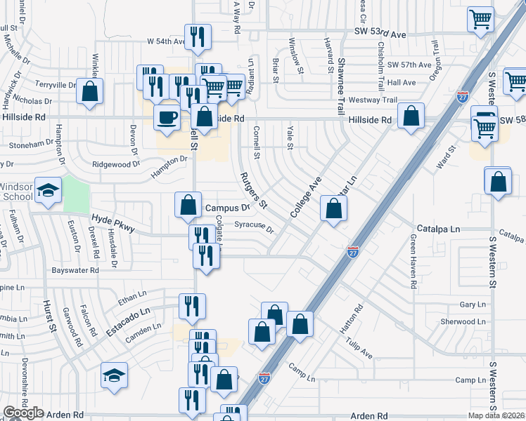 map of restaurants, bars, coffee shops, grocery stores, and more near 6204 Rutgers Street in Amarillo