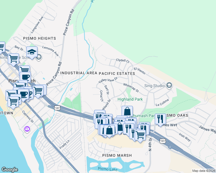 map of restaurants, bars, coffee shops, grocery stores, and more near 180 Surf Street in Pismo Beach